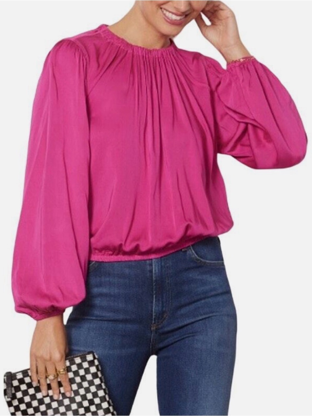 🌷 NEW Evereve Cloth & Stone Luxe Satin Banded Blouse Berryfizz Pink